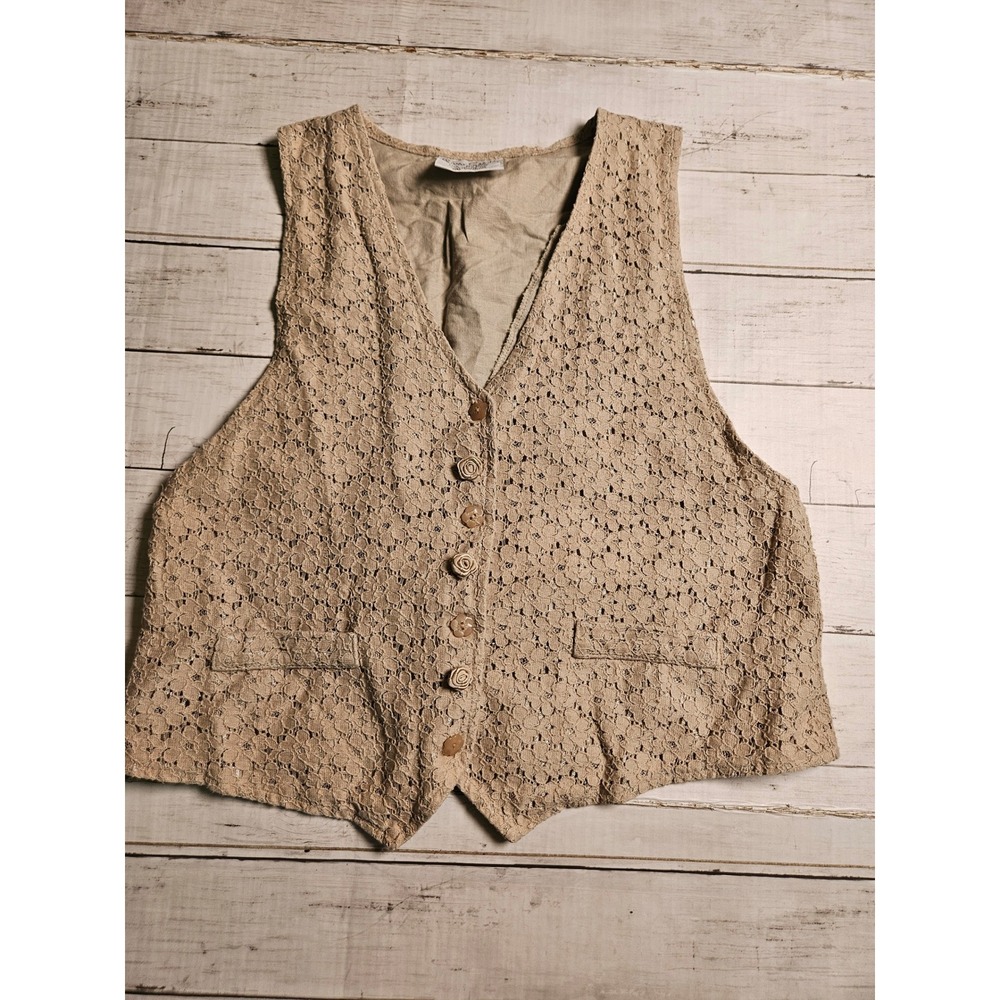 Pierre Cardin Vintage Lace Vest Tan Beige Rose Buttons Linen Blend Lined Boho